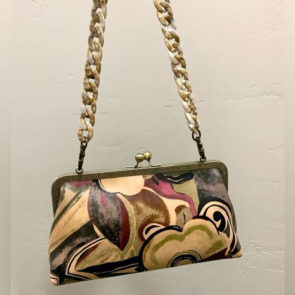 Abstract Print Cowhide Handmade Vintage Style Kisslock Clutch Bag, Crossbody - Picture 1 of 16